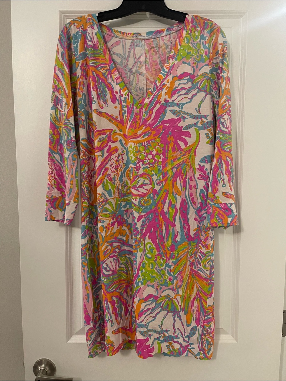 Lilly Pulitzer Pink Orange Green Tropical V-Neck Long Sleeve Dress